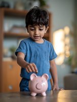 Young boy in blue t-shirt putting coin in pink piggy bank at home, teaching children about saving money and financial education.