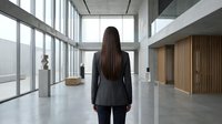 Professional businesswoman with long brown hair standing in modern corporate office lobby with floor-to-ceiling windows and minimalist architecture.