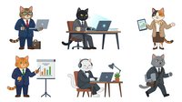 Cartoon cats in business attire performing various office tasks including working on laptops, presenting charts, and managing documents. Isolated characters ready for corporate design projects.