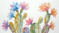 Watercolor cactus flowers blooming in soft pastel colors on white background. Desert botanical illustration for home decor and greeting cards.