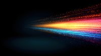 Colorful light particles streaming in motion against dark background creating dynamic speed effect with glowing blue, orange and red trails. For technology designs.