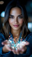 Young Hispanic woman holding magical glowing sparkles in cupped hands against dark background, wearing blue sweater. Dreamy bokeh lighting creates mystical atmosphere.