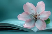 Delicate pink flower with water droplets resting on open book pages against turquoise background, symbolizing nature, reading, and learning for educational and inspirational designs.