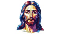 Colorful geometric portrait of Jesus Christ with long hair and beard in modern low poly art style on white background for religious design projects.