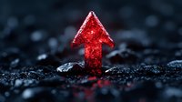 Glowing red arrow emerges from dark rough terrain, symbolizing growth, breakthrough and success. Dramatic lighting creates mysterious atmosphere for business concepts.
