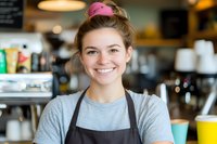 Young female barista with bright genuine smile wearing gray shirt and black apron in coffee shop setting, warm lighting creates welcoming atmosphere for hospitality industry.