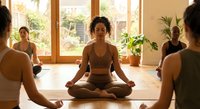 Mixed-race female yoga instructor leading meditation class in bright studio with wooden floors and large windows. Group wellness session indoors.