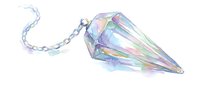 Iridescent crystal pendulum with chain on white background, isolated design element for jewelry, spiritual, and mystical themed projects.