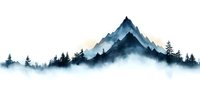 Misty mountain peaks rise above foggy forest silhouettes in watercolor style, creating atmospheric landscape for wall art and design projects.