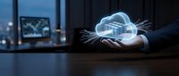 Businessman holding glowing cloud computing hologram with data connections in modern office environment for technology and digital transformation concepts.