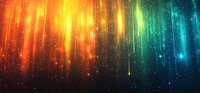 Vibrant rainbow aurora lights with glowing particles falling from sky, magical northern lights effect on dark background for atmospheric design projects.