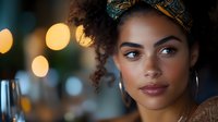 Young African American woman with curly hair wearing colorful headwrap looking thoughtfully away with warm bokeh lights in background for lifestyle content.