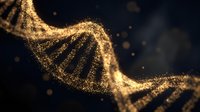 Golden DNA double helix structure made of glowing particles against dark background for medical research and biotechnology presentations.