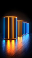 Glowing neon cylinders with orange and blue light stripes arranged in row on dark wooden surface, creating dramatic reflections and futuristic atmosphere.