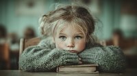 Young blonde girl with messy hair wearing cozy gray sweater resting chin on hands over old book with thoughtful expression in warm indoor setting.
