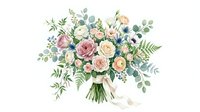 Elegant bridal bouquet with soft pink and cream roses, eucalyptus leaves and greenery tied with silk ribbon on white background for wedding design.