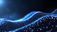 Glowing blue wave of connected dots and particles flowing on dark background creates futuristic network visualization effect for technology concepts.