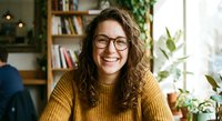 Young woman with curly hair and glasses smiling warmly in cozy home office with bookshelves and plants. Professional portrait for lifestyle content.