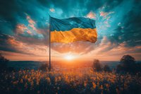 National flag waving against dramatic sunset sky with golden sunlight illuminating flowering field and cloudy horizon, symbolic patriotic landscape scene.