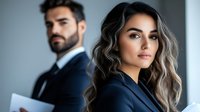 Professional business team portrait with confident Hispanic woman in foreground and bearded man in suit background, modern corporate office setting.