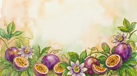 Passion fruit border with purple fruits, green leaves, and flowers on watercolor background, suitable for culinary designs, packaging, and botanical illustrations.