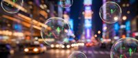 Soap bubbles floating over blurred city street at night with colorful neon lights and traffic creating magical urban atmosphere for creative projects.