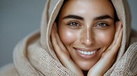 Young Middle Eastern woman with bright smile wearing beige hijab and sweater, touching face with both hands against neutral background. Natural beauty portrait.