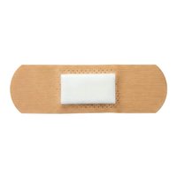 Tan adhesive bandage with white sterile pad isolated on white background, ready for healthcare, medical, and first aid design applications.