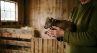 Farmer in green sweater holding young goat in rustic barn setting with wooden fence and natural window light, suitable for agriculture, farming, and animal husbandry content.