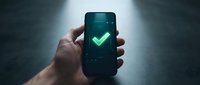 Hand holding smartphone displaying green checkmark on dark screen, symbolizing approval, verification, success, and confirmation for mobile app, technology, and digital validation concepts.