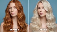 Professional hair color transformation showing redhead woman becoming platinum blonde with wavy styling for beauty salon marketing materials.