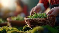 Fresh microgreens in woven basket with hands harvesting at sunset, organic farming concept with natural bokeh background and soft lighting.