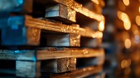 Wooden shipping pallets with warm bokeh lights in background creating industrial atmosphere. Close up view shows texture and grain of stacked wood materials.
