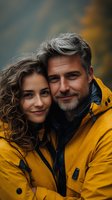 Romantic couple in matching yellow raincoats embrace outdoors during autumn weather, sharing intimate moment against blurred natural background with soft bokeh effect.