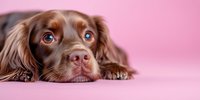 Adorable brown Cocker Spaniel puppy with expressive eyes lying on pink background, looking up with sweet melancholic expression. Close up portrait with copy space.