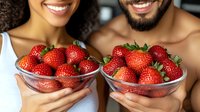Cropped view of smiling couple holding glass bowls with fresh ripe strawberries, healthy lifestyle and natural food concept, close up shot.