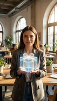 Young woman with long brown hair and light skin tone, wearing a gray blazer, holding a glowing holographic gift box in a modern office environment with large arched windows and potted plants, representing digital innovation, corporate rewards, and business technology solutions.