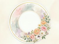 Circular frame with watercolor wash background and delicate floral arrangement featuring roses, peonies, and greenery for wedding invitations, greeting cards, and decorative designs.