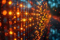 Digital binary code matrix with glowing orange and blue bokeh lights creating futuristic technology background for cybersecurity and data concepts.