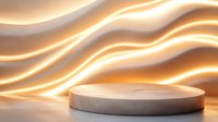 Minimalist round podium with glowing wavy golden light background creates dramatic presentation space for product display and advertising.