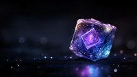 Glowing crystal cube with purple and blue ethereal light floating against dark background, magical geometric mineral with inner luminescence and bokeh effect.