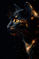 Mystical black cat with glowing amber eyes and golden light particles against dark background, profile view showing detailed whiskers and ethereal magical effects.