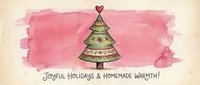 Decorated evergreen tree with red heart on top against pink watercolor brushstrokes and cream background, featuring handwritten text below wishing joyful holidays and homemade warmth for greeting cards and seasonal designs.