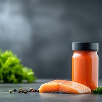 Fresh salmon fillet with orange sauce in glass jar, herbs and peppercorns on dark surface for gourmet cooking and seafood preparation concepts.