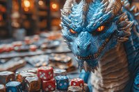 Blue dragon head with glowing orange eyes looking menacingly at colorful gaming dice scattered on wooden surface against blurred warm lights background.