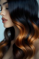 Close up of long wavy black and copper ombre hair with soft styling and glossy finish, showing modern balayage technique and professional hair coloring result.