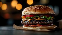 Juicy beef burger with melted cheese, fresh vegetables and sesame seed bun on craft paper, dark background with bokeh lights, close up view of gourmet hamburger.