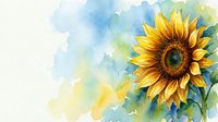 Watercolor sunflower with vibrant yellow petals on soft blue and green background. Hand-drawn botanical art for greeting cards and home decor.
