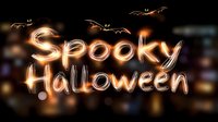 Glowing spooky Halloween text with flying bats on dark background. Orange neon lettering effect for seasonal party invitations and horror themed designs.