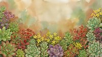Watercolor succulents border framing a warm textured background with copy space, featuring colorful desert plants in green, purple, red, and yellow tones.